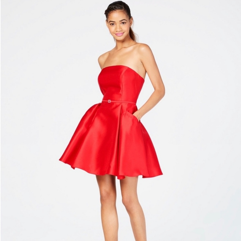 City Studio Red Strapless Satin Fit-and-Flare Mini Dress